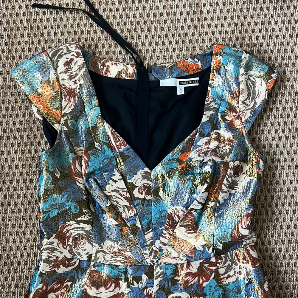 Tracy Reese Blue and Brown Ruched Cocktail  V-Neck Cocktail Dress